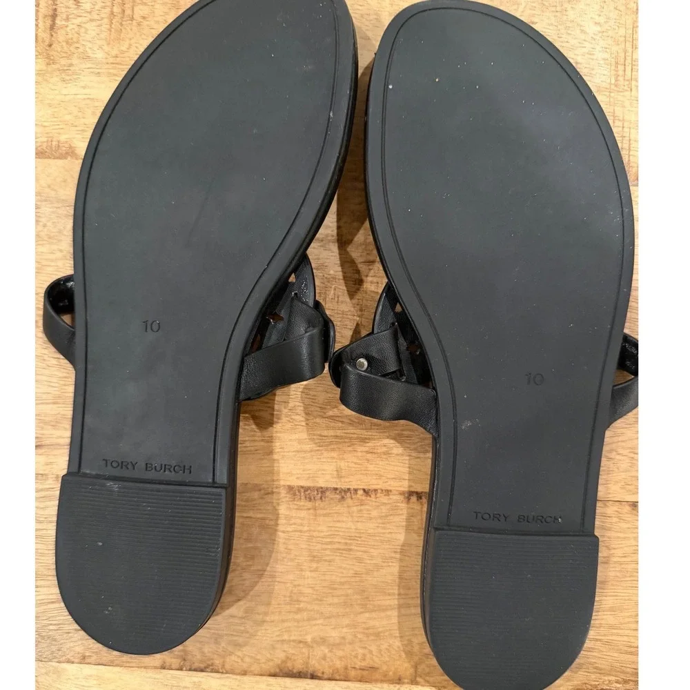 Tory Burch Metal Miller Sandal Black Leather Gold Logo Thong Flip Flop Womens 10